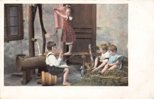 A061 Gemälde 1906 Kinder spielen Schule gut Mädchen waschen Postkarte