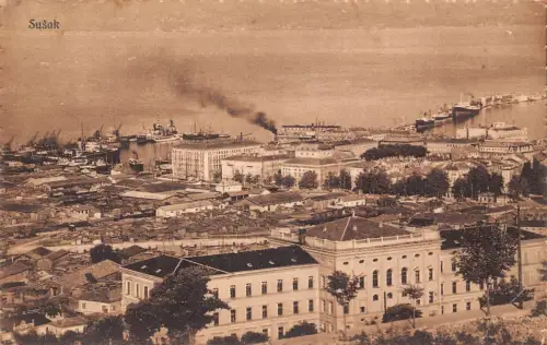 B167 Kroatien 1937 Susak Gesamtansicht Hafen Dampfschiffe Vintage Postkarte