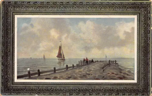 A910 Kunst Passepartout Pier Blick Segelboot Landschaft Vintage Postkarte