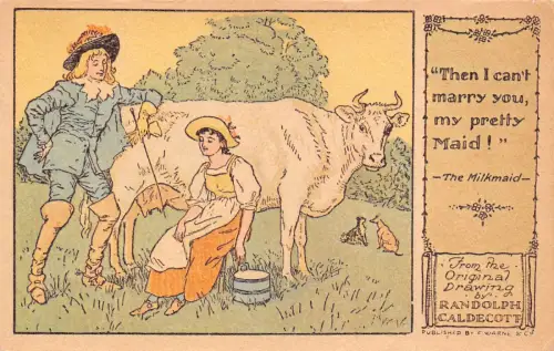 A910 Kunst von Randolph Caldecott Milchmädchen Kuh und junger Mann 1974 Vintage Postkarte