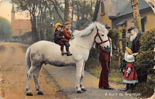 A910 England Ein Besuch bei Opa Jungen auf weißem Pferd 1909 Vintage Postkarte