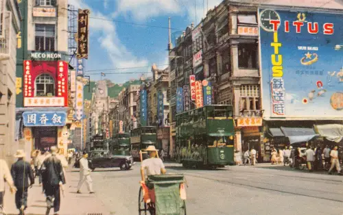 B666 Hongkong Titus Werbung Werbetafel Voeux Road Doppeldecker Straßenbahn Postkarte