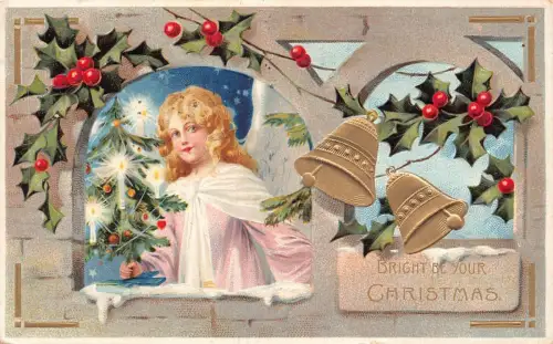 L221 Weihnachtsgrüße 1913 Mädchen heilige Baumglocken geprägte Postkarte
