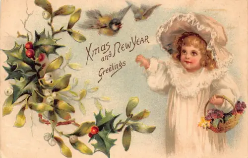 L221 Weihnachtsgrüße 1908 Mädchen heiliger Baum Mistelzweig geprägt Postkarte