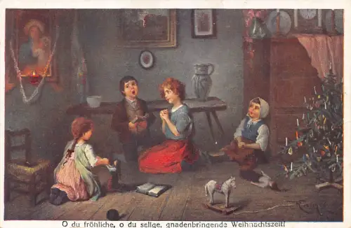 Weihnachtsgrüße Kinder singendes Spielzeug Puppe Baumkerzen Vintage Postkarte