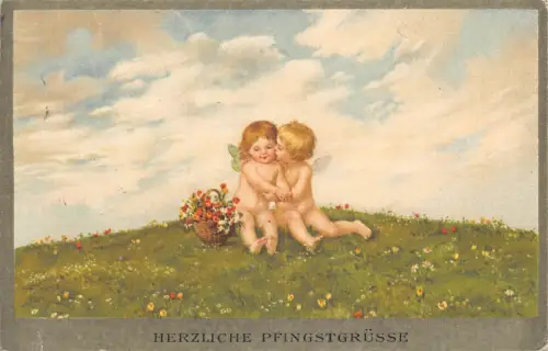 Pfingstgrüße Cherubs küssen sich auf Wange Blumen Korb Vintage Postkarte