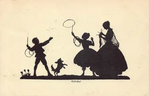 Postkarte Silhouette 1909 Mutter strickt Kinder und Hund spielt Kreise