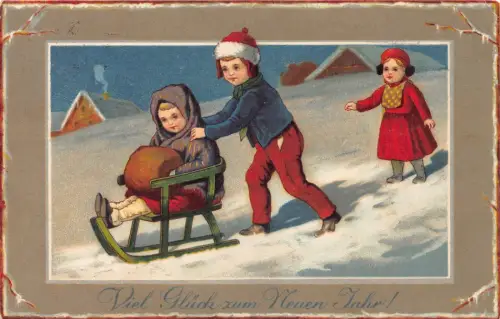 Neujahrsgrüße 1927 Kinder spielen im Schneeschlitten Vintage Postkarte