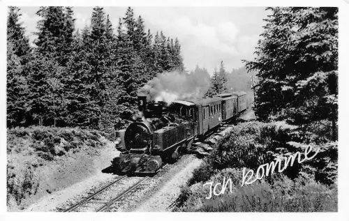 Dampflok in der Waldbahn Ich komme! RPPC Vintage Postkarte
