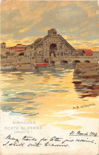 A916 Italien Syrakus Syrakus Porta di Terra Kunst von HB Wieland Chromo Postkarte