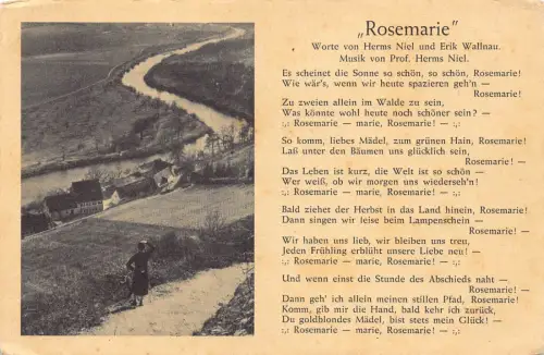 Rosemarie Gedicht und Lied, Flusslandschaft Häuser Mann Vintage Postkarte