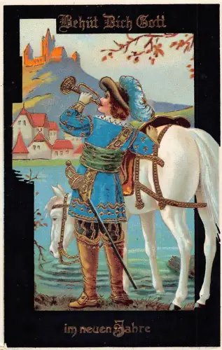 B191 Neujahrsgrüße Mittelalter Mann spielt Trompete weißes Pferd Postkarte