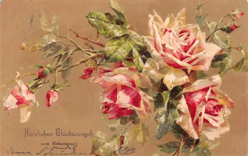 B189 Geburtstagsgrüße Rosen Blumen Vintage Postkarte