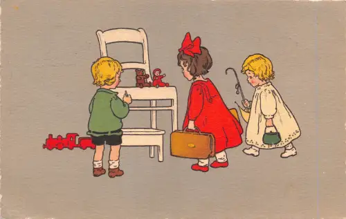 B190 Kinder Kunst 1923 Spielender Arzt Spielzeug Teddybär Zug Vintage Postkarte