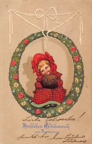B191 Namenstag Grüße 1906 Mädchen Blumengirlande geprägte Postkarte