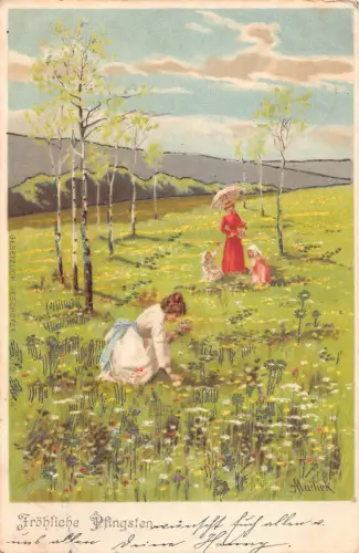 B191 Pfingstgrüße 1903 Mädchen Frauen sammeln Blumen Frühling Postkarte