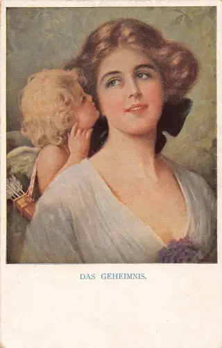 B199 Art Das Geheimnis Cherub küssende Frau auf Wange Vintage Postkarte