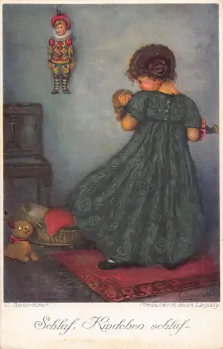 B199 Art Girl singendes Wiegenlied zu Puppenspielzeug Schlaft, Kindchen Schalf Postkarte