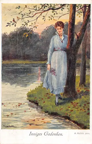 B193 Kunst von Mailick - Inniges Gedenken Frau zu Fuß am See Postkarte