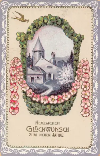 B193 Neujahrsgrüße 1912 Vogel Kirche Kleeblätter Blumen Postkarte