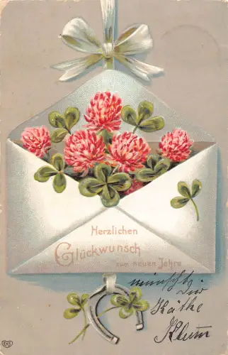 B191 Neujahrsgrüße 1908 Kleeblatt Distel Hufeisen Brief geprägte Postkarte