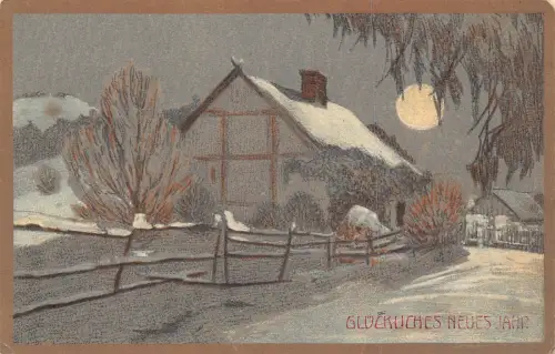 B190 Neujahrsgrüße Winterlandschaft Haus Mondschein Postkarte