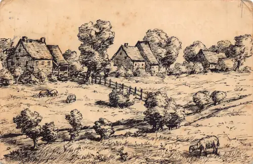 B189 Deutschland 1906 Kunstzeichnung Dorflandschaft Schafe Postkarte