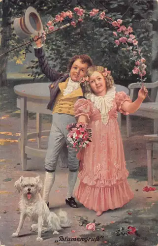 Kinder Junge und Mädchen halten Blumengirlande weißer Hund 1917 Vintage Postkarte