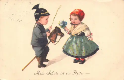 Kinder Soldat Junge reitend Pferd Kopf Stock Spielzeug Blume 1916 WWI Feld Postkarte