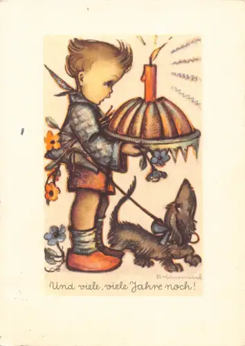 Kinder 1955 Kunst B Hummel Junge Kerze Geburtstag Torte Dackel Hund Postkarte B702