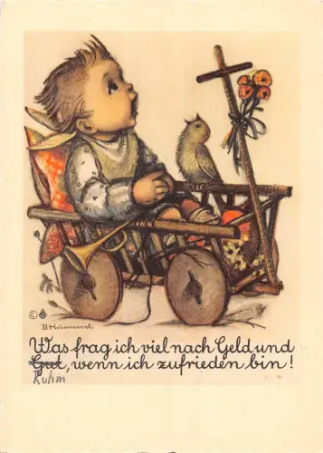 Kinder Junge im Wagen Trompete Musikinstrument Vogel Kunst B Hummel Postkarte B702