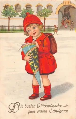 B253 Erster Schultag Mädchen im roten Mantel öffnet Geschenk Vintage Postkarte