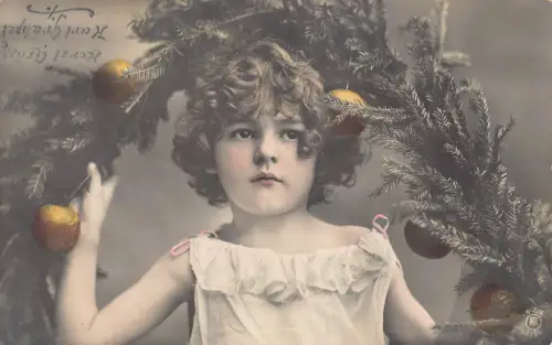 B259 Weihnachtsgrüße 1908 Mädchen hält Tannenzweigkugeln Postkarte