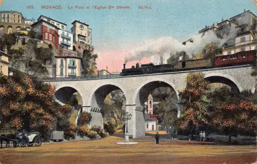 Monaco Le Pont et l'Eglise ste Devote Dampflok Vintage Postkarte B965