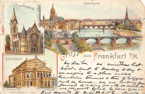 Deutschland 1898 Gruss aus Frankfurt a M Opernhaus Peterskirche Brücke Postkarte B964