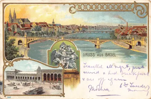Schweiz 1902 Gruss aus Basel Statue Straßenbahn Brücke Vintage Postkarte B964