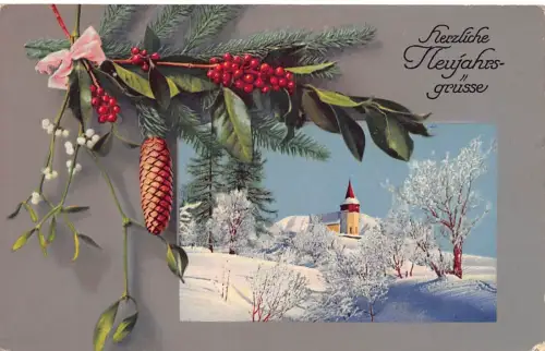 Neujahrsgrüße 1917 Winterkirche Passepartout Tannenzapfen Meilenstein Postkarte