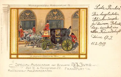 Deutschland Wandbild Postkutsche vor Roemer Frankfurt Brauerei JJ Jung Postkarte