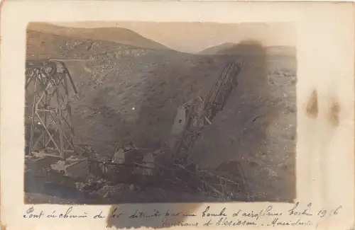 Mazedonien 1917 Eksi-Sou Eskisou Eisenbahnbrücke zerstörte Bombe 1. Weltkrieg RPPC Postkarte