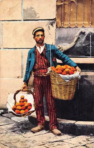 Italienische Bauern orange Straßenverkäuferkörbe 1927 Vintage Postkarte