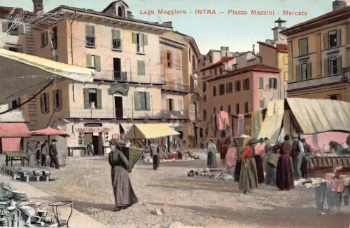 Italien 1911 Lago Maggiore Intra Piazza Mazzini Mercato Markt Vintage Postkarte
