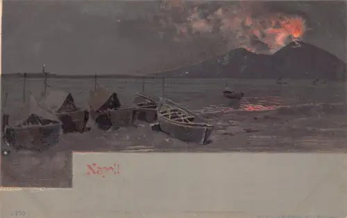 Italien Neapel Neapel bei Nacht Küste Boote Vulkan Vesuv Vintage Postkarte