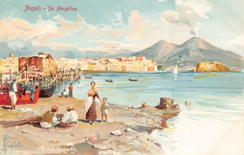 Italien Napoli Neapel Da Mergellina Mutter Kind Berg Vesuv Vintage Postkarte