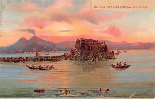 Italien Napoli Neapel col Castel dell'Ovo ed il Vesuv Vulkan Boote Postkarte