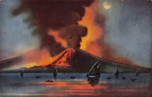 Italien Napoli Neapel Vesuv Vulkan Ausbruch bei Nacht Mondschein Boote Postkarte