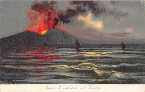 Italien Napoli Neapel Vesuv Vulkan Ausbruch bei Nacht Boote Postkarte