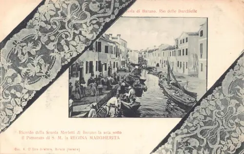 Italien Spitzendetails Isola di Burano Rio delle Burchielle Boote Vintage Postkarte