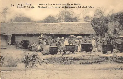 Belgisch-Kongo 1911 Ölmühle am Flussufer auf der Insel Mateba Postkarte B984