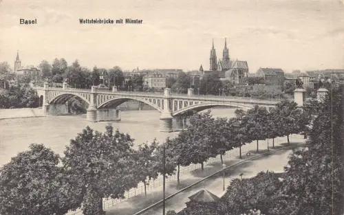 Schweiz Basel Wettsteinbrücke mit Münsterbrücke Vintage Postkarte