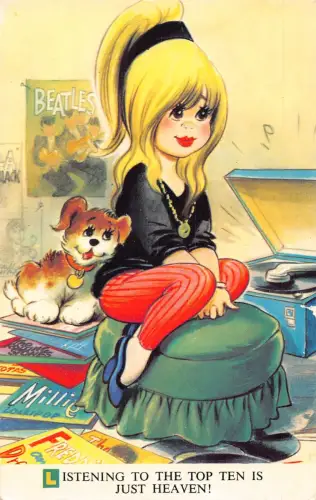 Bamforth Dog Little Girl Listening Top Ten Pick-Up Beatles Poster Postkarte